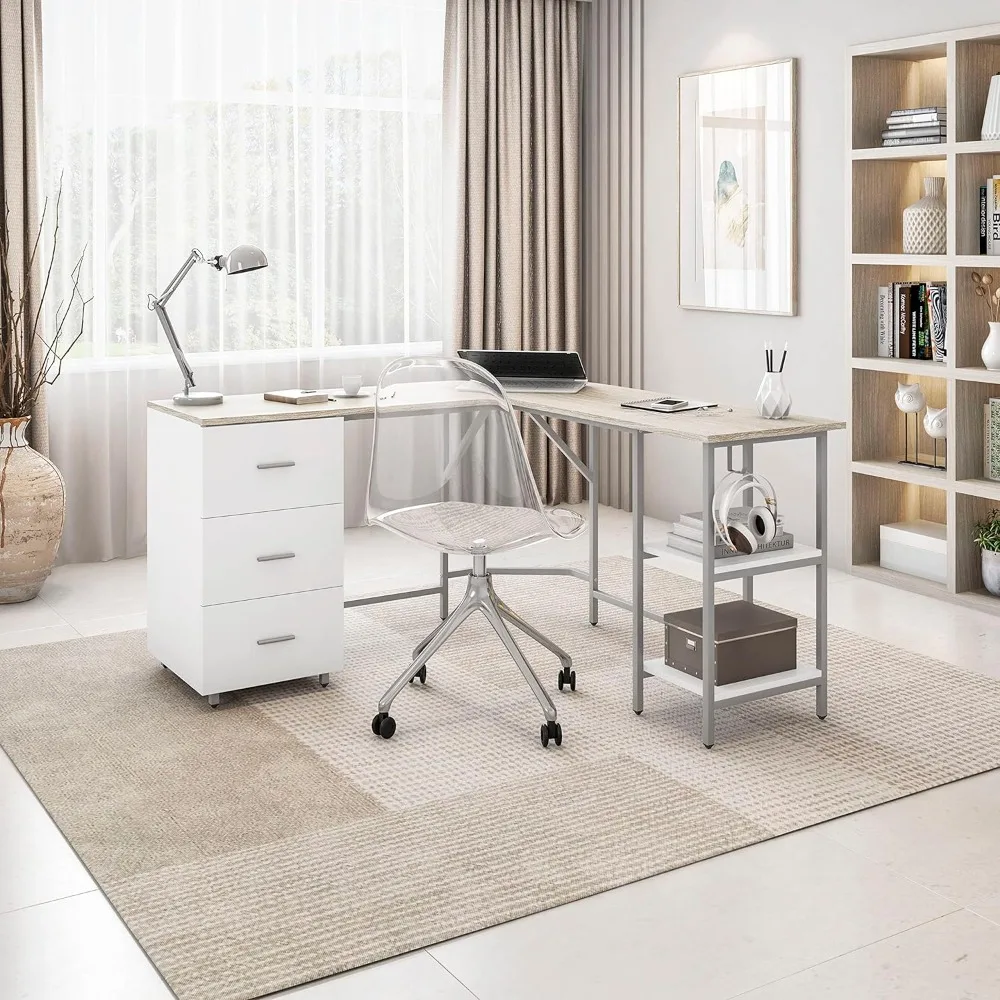 

L-shaped desk - dual color computer desk with drawers and storage shelves - simple modern furniture and home office space