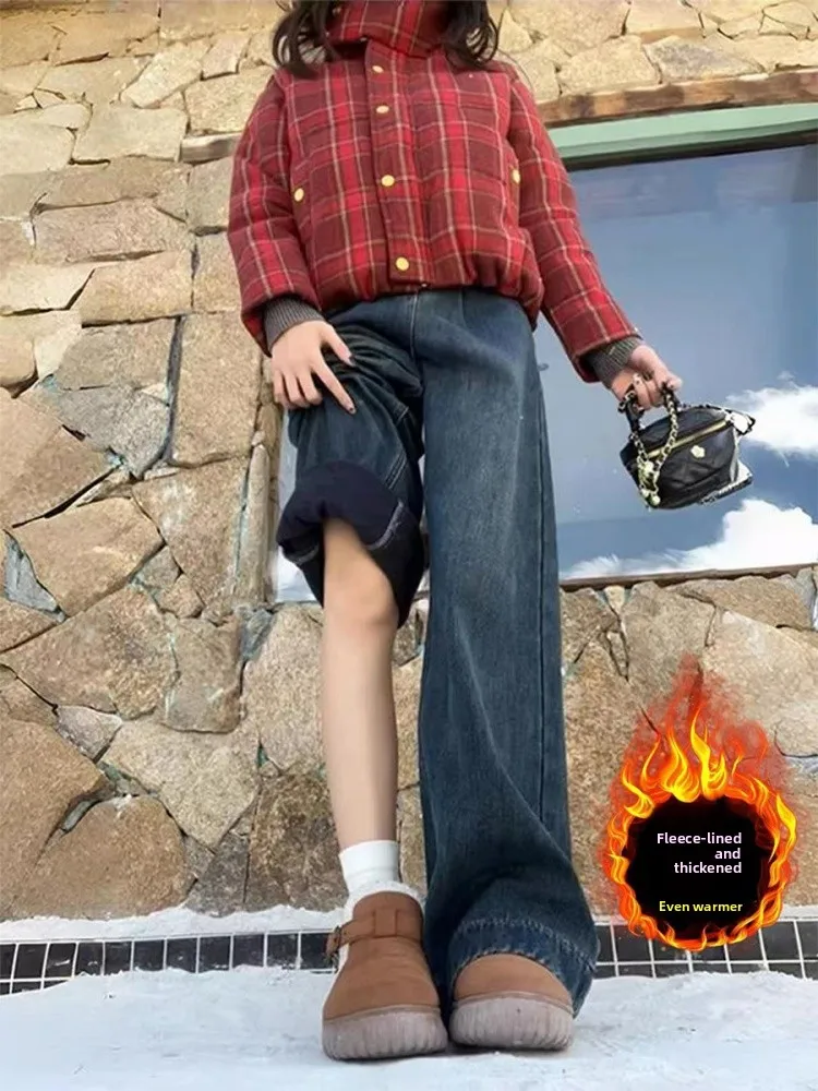 

plus Size Fleece Lined Thick Denim Pants Women's Autumn Winter Wide Leg High Waist Slim Straight Cut Trousers Casual Style