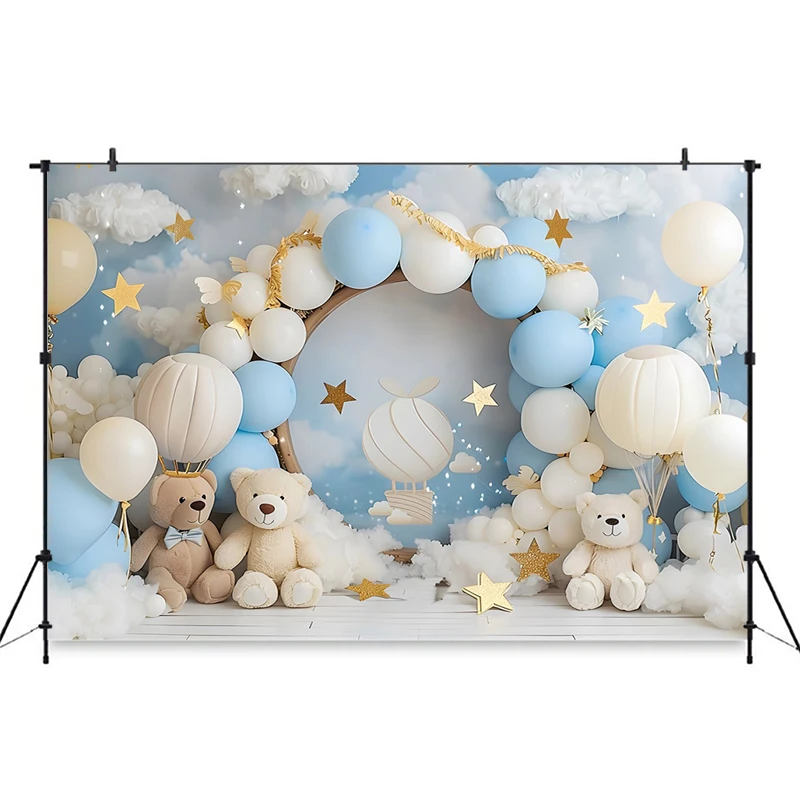 Fundo fotográfico personalizado para aniversário, chá de bebê, nuvem, urso, parede, estrelas, balão, cenário fotográfico, decorações de estúdio