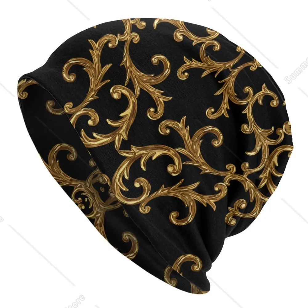 Bonnet Hats Golden Lion Damask Men Women's Thin Skullies Beanies Hat Black And Gold Damask Autumn Spring Warm Cap Hip Hop Caps