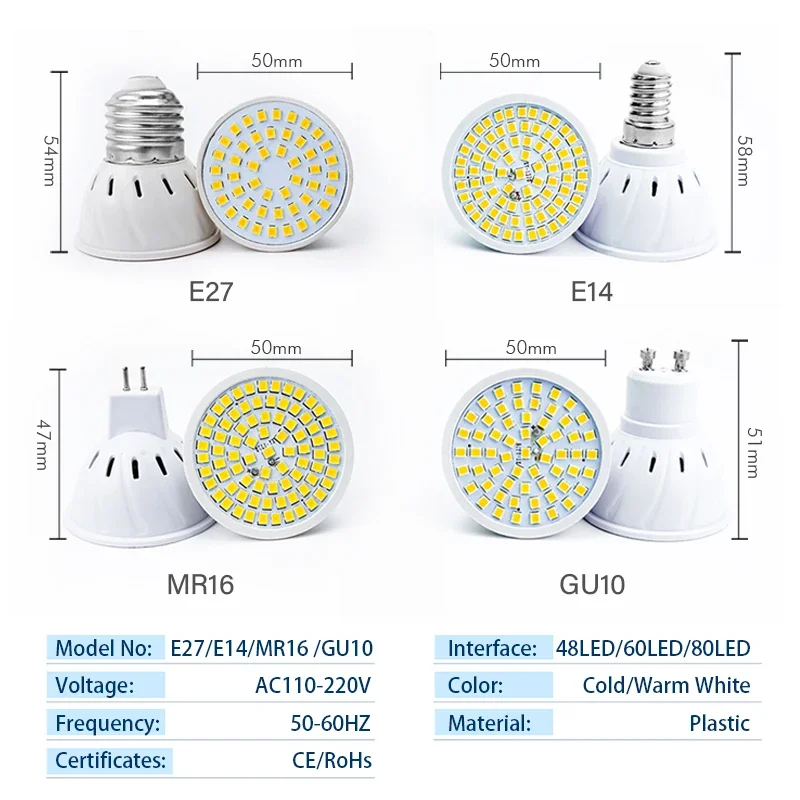 Imagem -02 - Lâmpada Led E27 E14 Mr16 Gu10 ac 110v 220v Holofotes 10 Peças Lote 48 60 80 2835 Smd