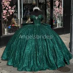 Angelsbridep Customized 2025 Emerald Green Ball Gown Quinceanera Dress Shiny Tulle Party Dresses Vestidos 15 Años Quinceañera