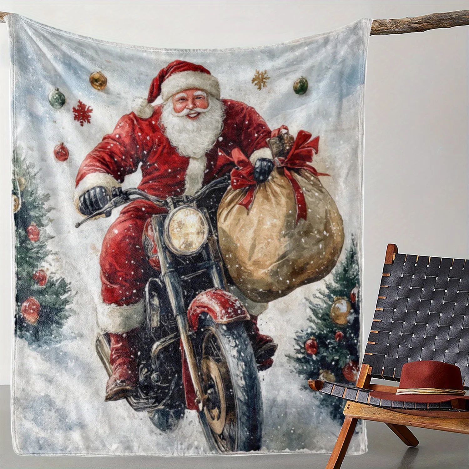 Vintage Christmas Santa on Motorcycle Print Flannel Throw Blanket – Soft Cozy Polyester Knitted Fabric, Digital Printing, 250-30