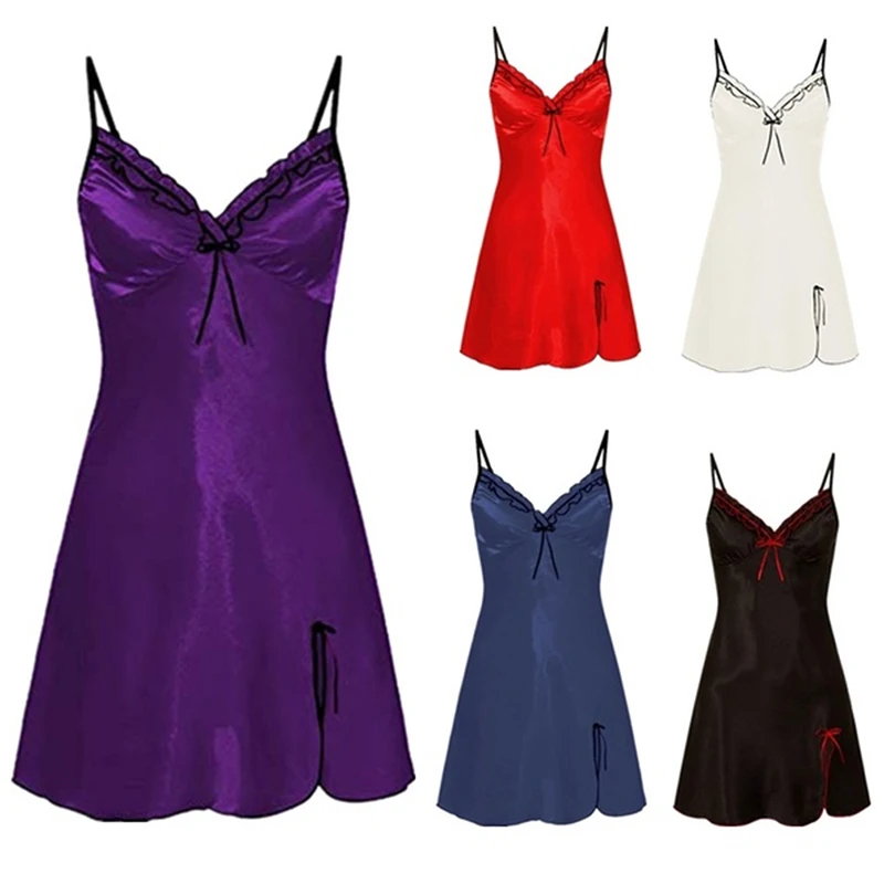 Robe de nuit sexy en dentelle pour femmes, chemise de nuit en satin, chemise de nuit à col en V, vêtements de nuit grande taille