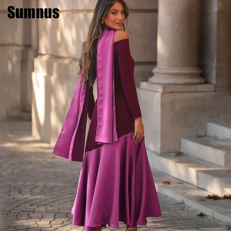 

SUMNUS Formal Purple Satin Evening Prom Gowns Off The Shoulder A-Line Party Dresses Tea-Length Dress Mix ColoursCustomized