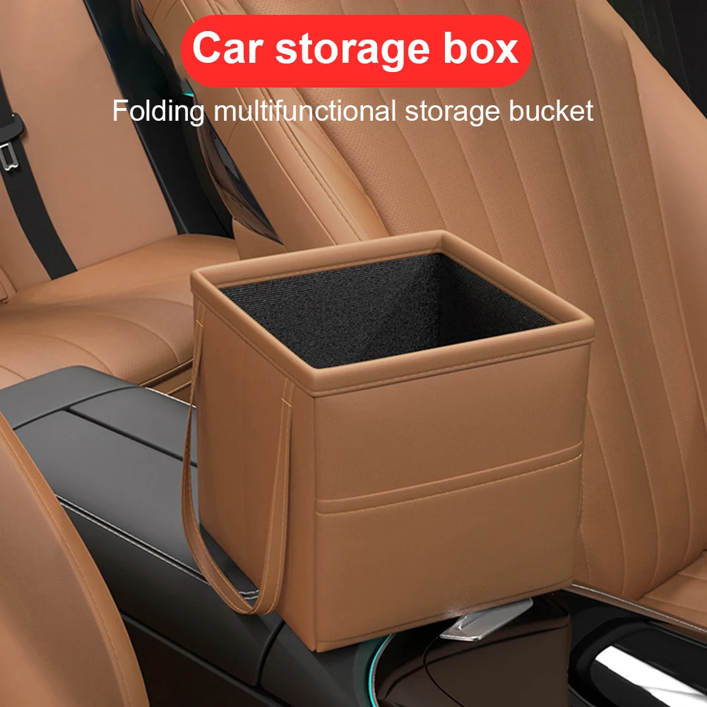 1PCS Portable Car Trash Can With Cover Multi-functional Car Storage Box PU Leather Waterproof Car Garbage Box Car Accessories