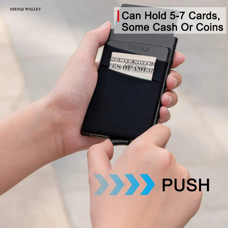 RFID Bloqueio Titular do cartão de crédito para homens Carteiras de alumínio Slim Minimalista Carteira Pop Up Carteira, Caixa de metal, Bolsa de dinheiro