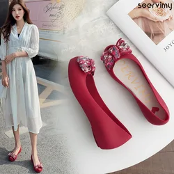 Women's PVC Flat Sandals Fashion Fish Mouth Bow Single Shoes Breathable Hollow Out Jelly Sandals Height-increasing Casual Shoes