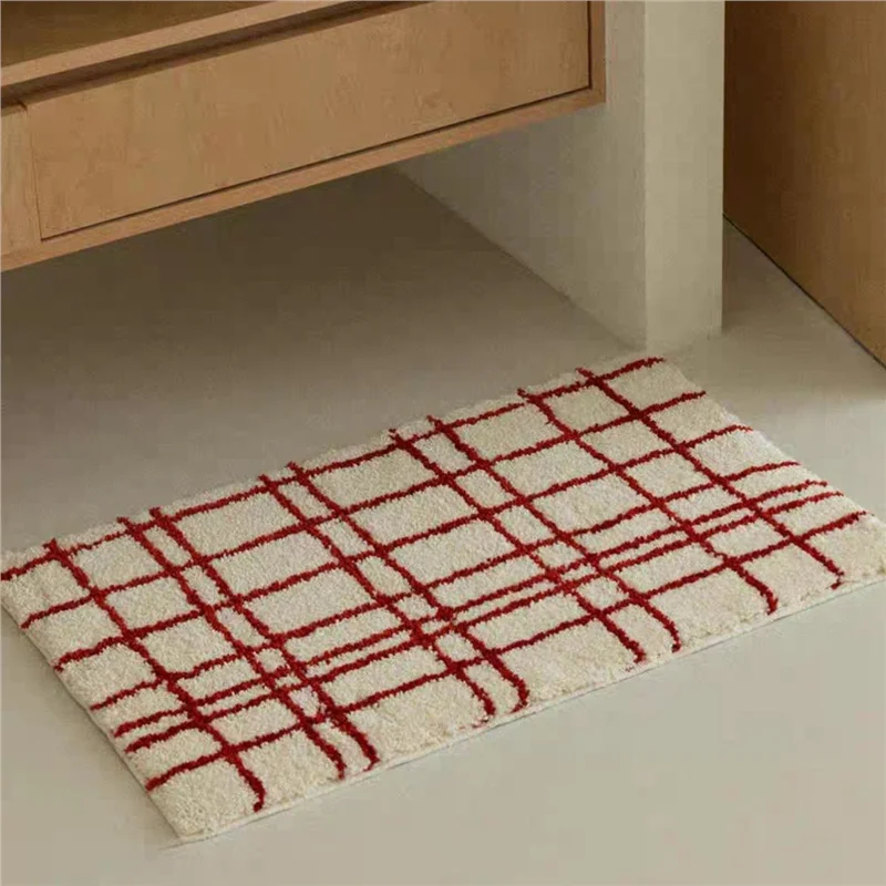 VIKAMA Moderner karierter Teppich aus Kaschmirimitat, weicher Schlafzimmer-Nachttischteppich, rutschfeste, wasserabsorbierende Badezimmermatte, Heimdekoration