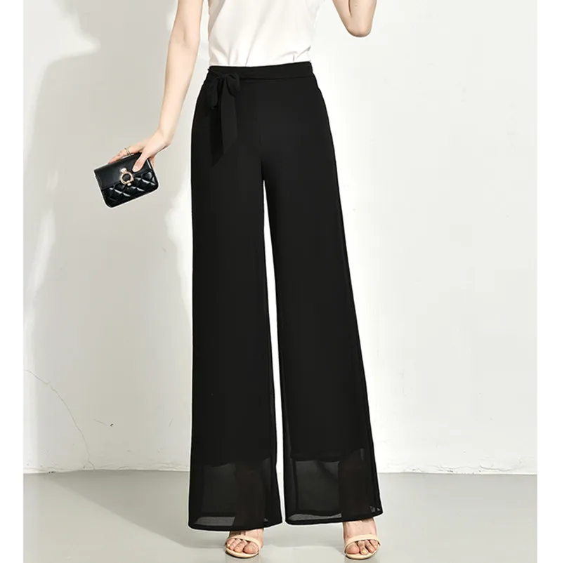 

New Women'S Summer Double Layered Thin Material Breathable High Waist Loose Casual Chiffon Wide Leg Pants Mom Dancing Trousers