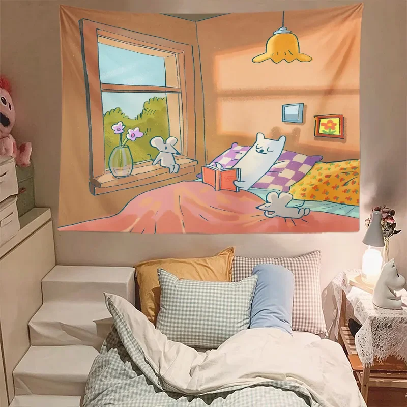 Kawaii Room Decor Tapisserie Cute Cartoon Healing Illustration Tapestry Home Decoration Mural Accessories Tapestry Wall Hanging