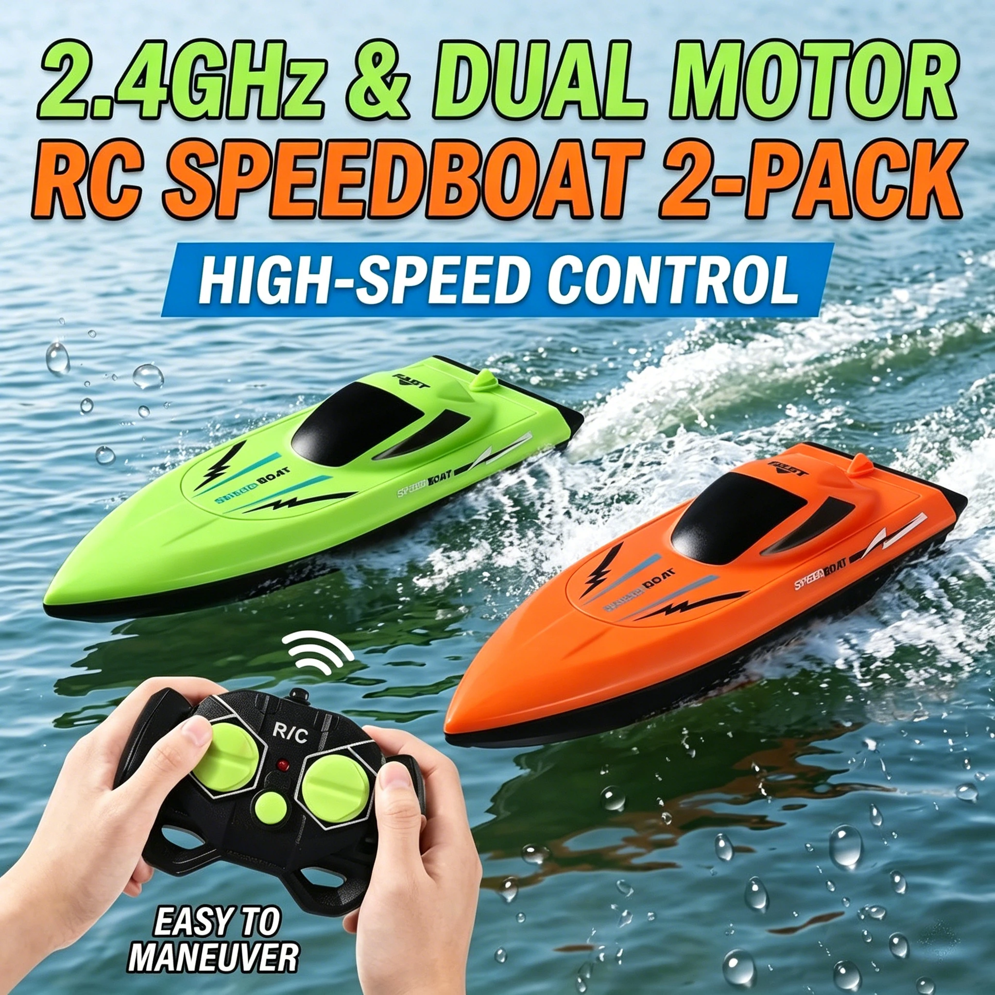 2 Pack Remote Control Boat 2.4GHz Dual Motor RC Speedboat Waterproof Racing for Pool Lake Kids Boys Girls Age 6+ Orange Green