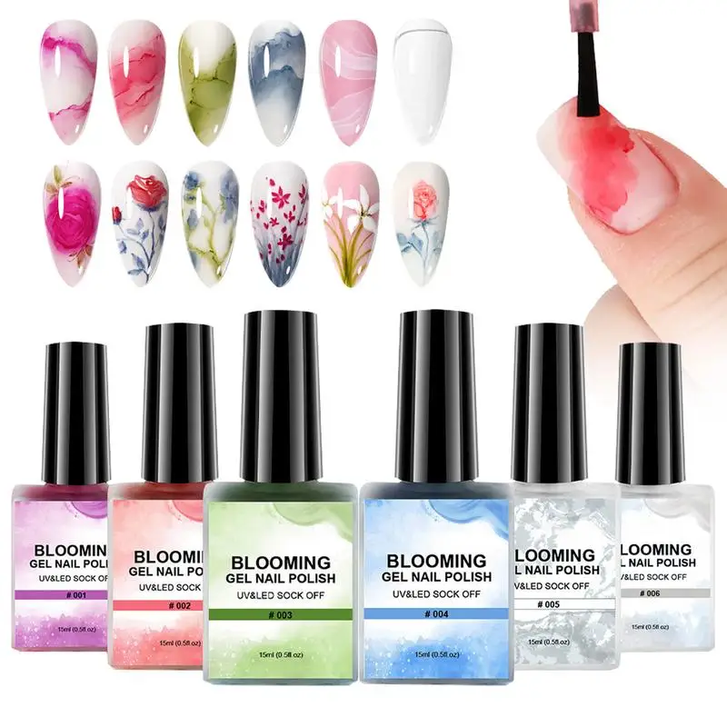 

6pcs Marble Nail Polish Blooming Soak Off Nail Art Polish with Spreading Effect gradient quick smudged liquid polish for girls