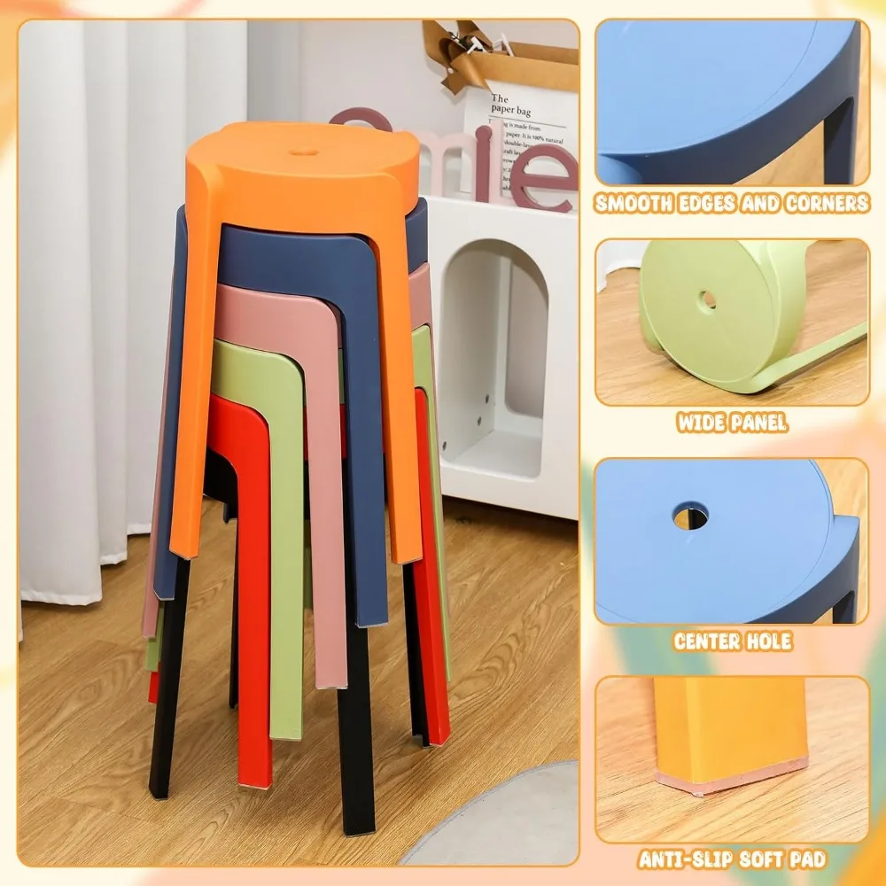 Rodada colorido Backless fezes de plástico empilháveis, portátil Stack assentamento, Bar Stool, Assentos, 6 Pack, 18 Polegada Altura