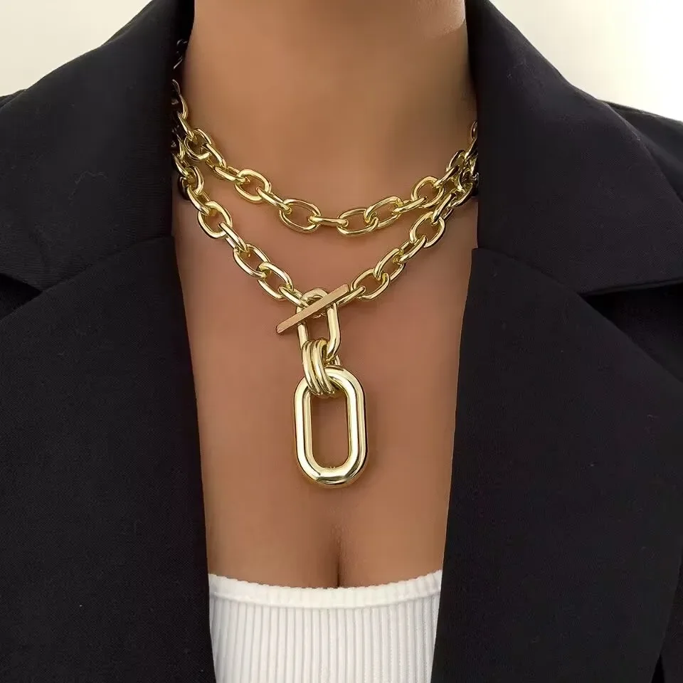 Metal Thick Chains Big Elliptical Pendant Necklace for Women Trendy Charms Ladies Collar On the Neck Accessories Fashion Jewelry