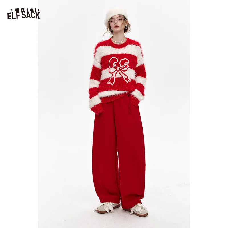 

ELFSACK 2024 Winter New Arrivals Bowknot Red Sports Plush Casual Sports Pants