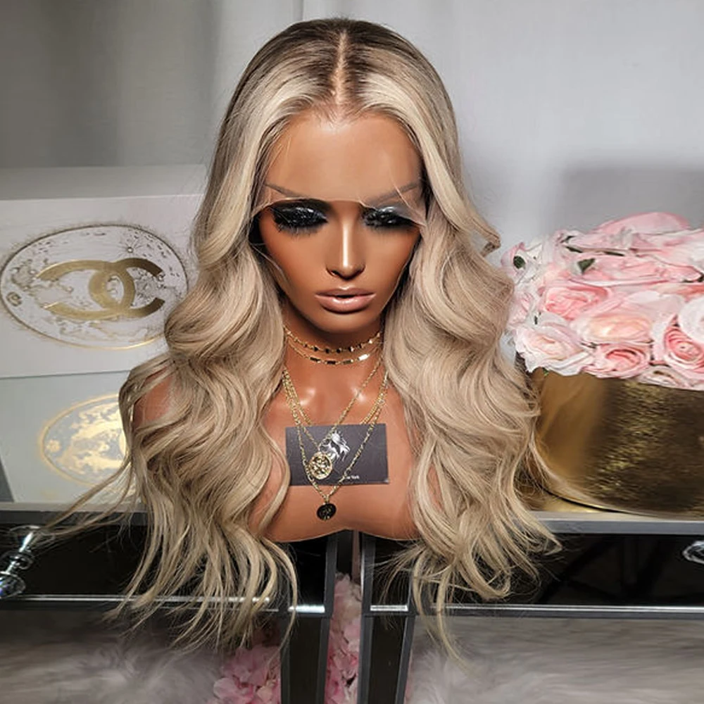 

Парик омбре цвета пепельного блонда для женщин, 13x4, с прозрачным кружевом, с темными корнями, свободные волны, синтетические волосы, для повседневного использования