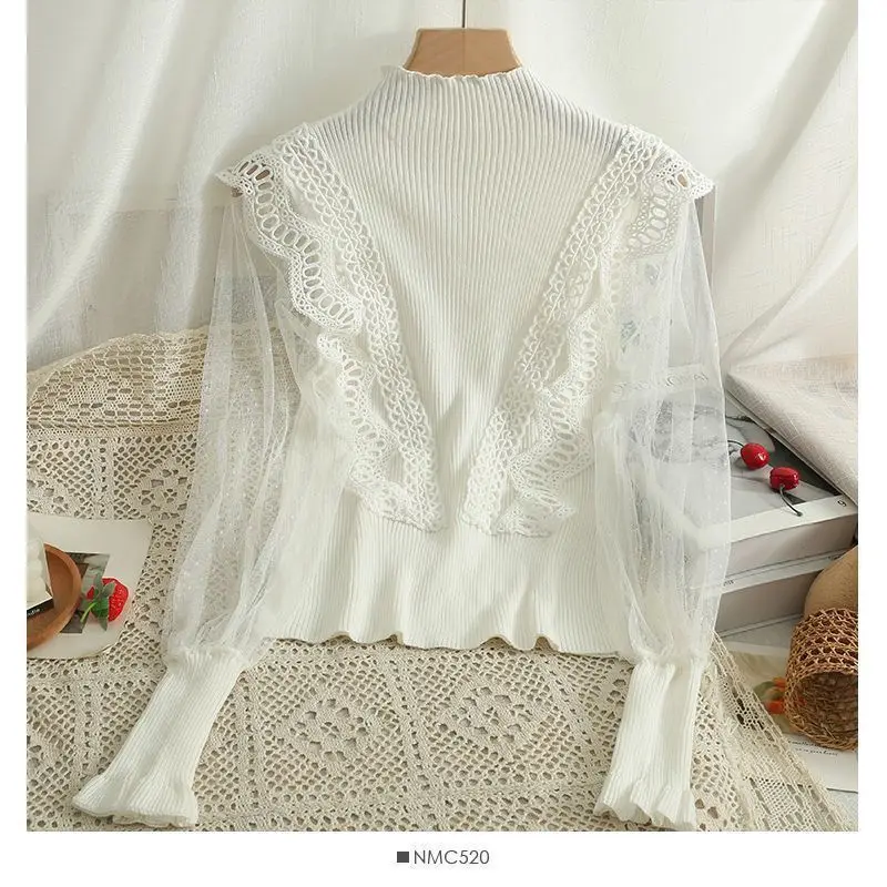 

Lace Ruffles Mesh Splicing Knitted Sweater 2025 Spring Autumn Elasticity Slim Turtleneck Sweater Office Lady Elegant Tops
