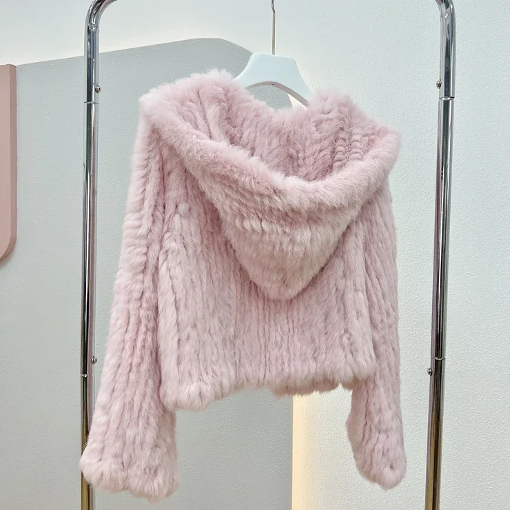 2024 Autumn Winter Real Rabbit Fur Coat for Women Manual Weave Fur Jacket Loose Hooded Flare Sleeves Outwear New Pink White