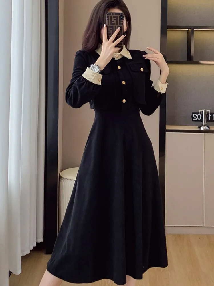 Women\'s Elegant Midi Dress Long Sleeve Fake Two Piece Set High Waist Dresses Korean Vintage Patchwork Fashion Spring Autumn New