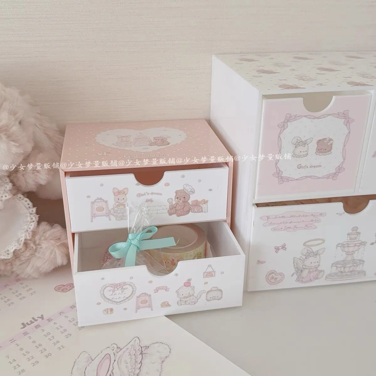 Desktop Cartoon Cosmetics Storage Box Desktop Organizer with Drawers Pen Holder Stationary Storage Rack for Office Desks