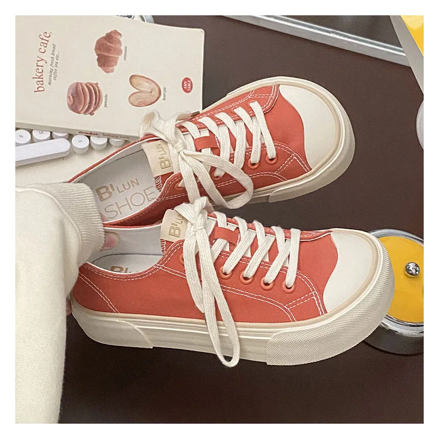 2024 Summer Quality Women Thick Sole Canvas Shoes Wide Toe Female Flat Sneakers Lace Up Students Solid Casual Shoes Tennis Shoes