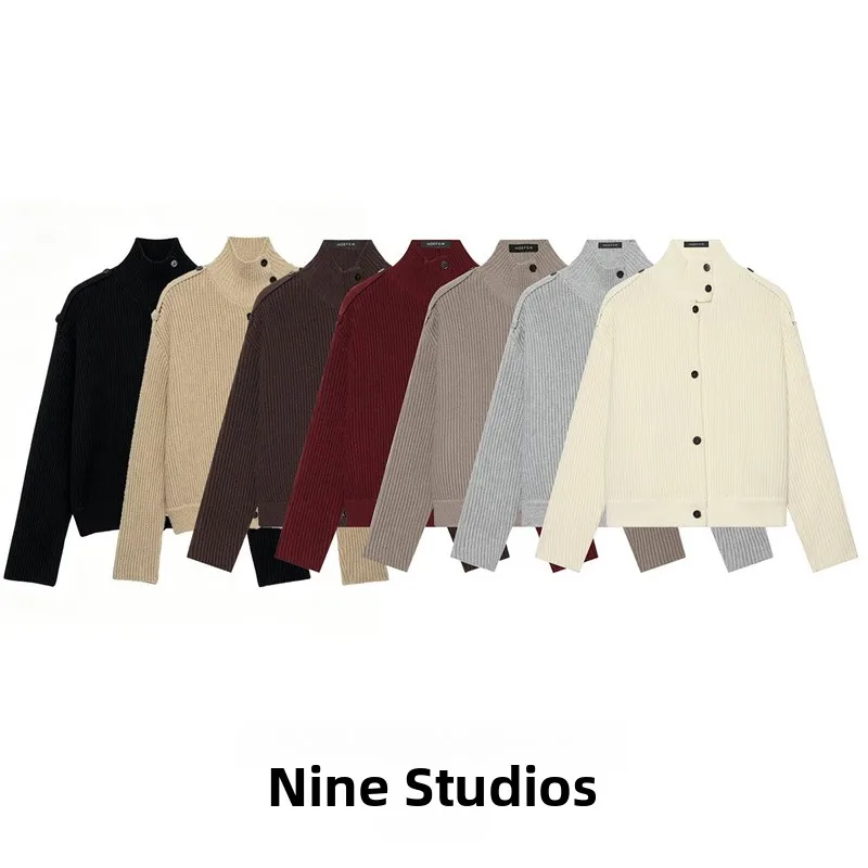 NINE ZAR Women's High Collar Button Detail Pure Color Knitted Open Front Sweater Coat Long Sleeve Top Winter Fashion Ladies' ...
