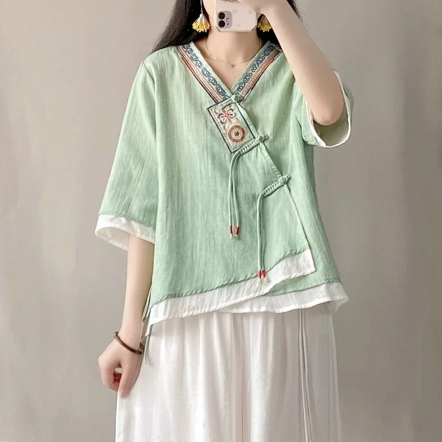 

Retro Chinese Sle Cotton Linen Women's Summer irt Loose f Sve Embroidery Zen Tea Costume V-ne Open Cardigan