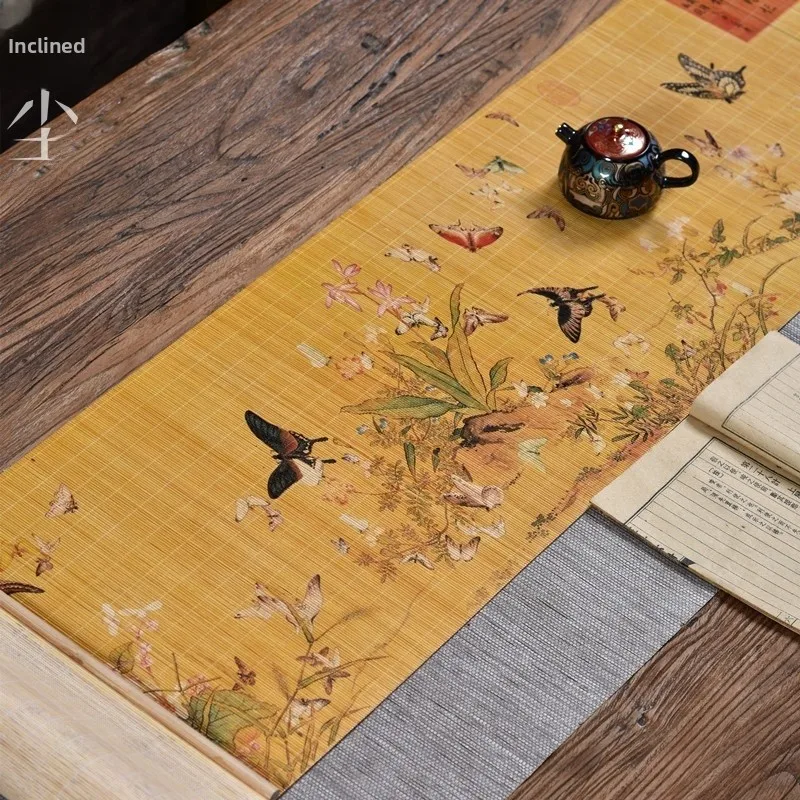 BaiDiTu Tea Set Fine Bamboo Silk  Flower Pattern Chinese Zen Style Tea Space Aesthetic Layout Plant Fiber Tablecloth
