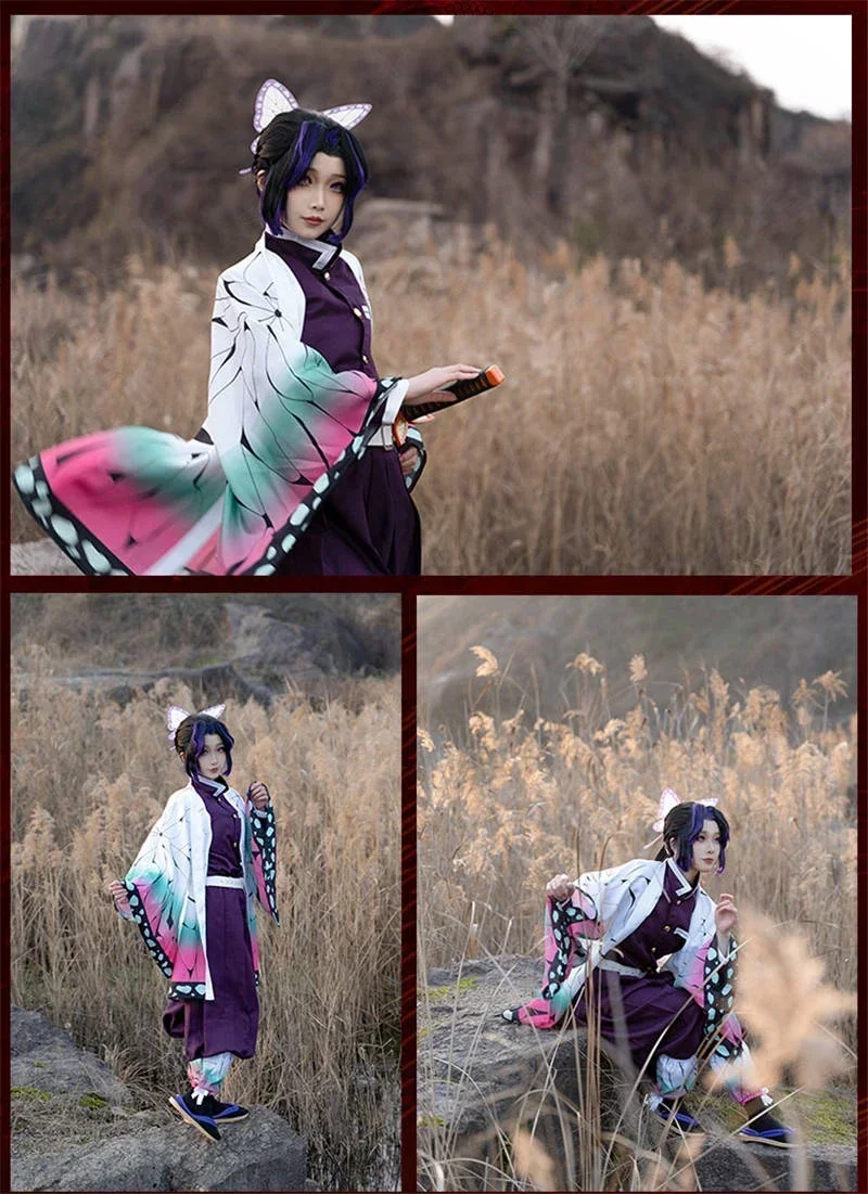 Anime Demon Moordenaar Kimetsu No Yaiba Kochou Shinobu Cosplay Kostuum Pruik Set Kimono Uniform Halloween Anime Kostuums