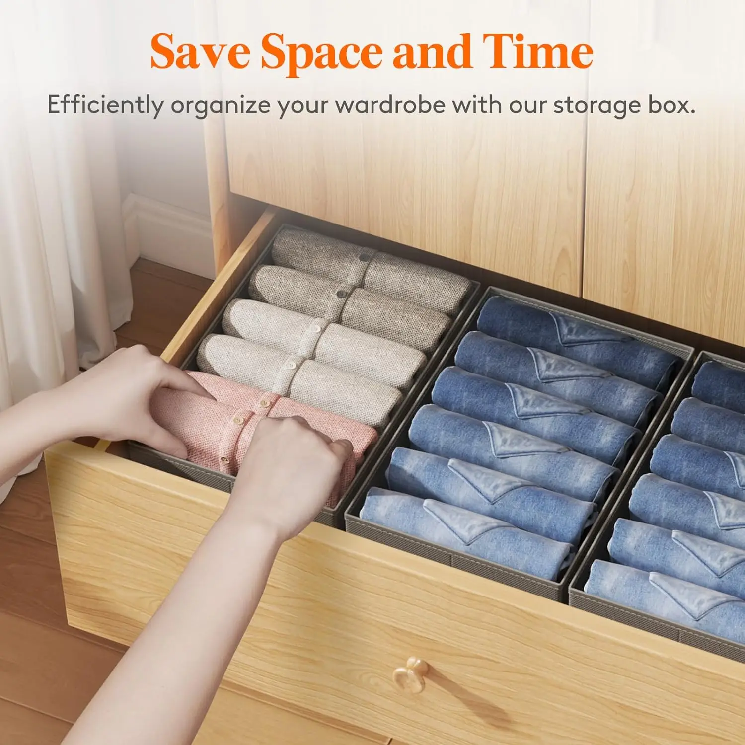 Large Size 6 Grids Closet Jean Storage Bins with Handles and Support Boards, Foldable Drawer Dividers for Sweater