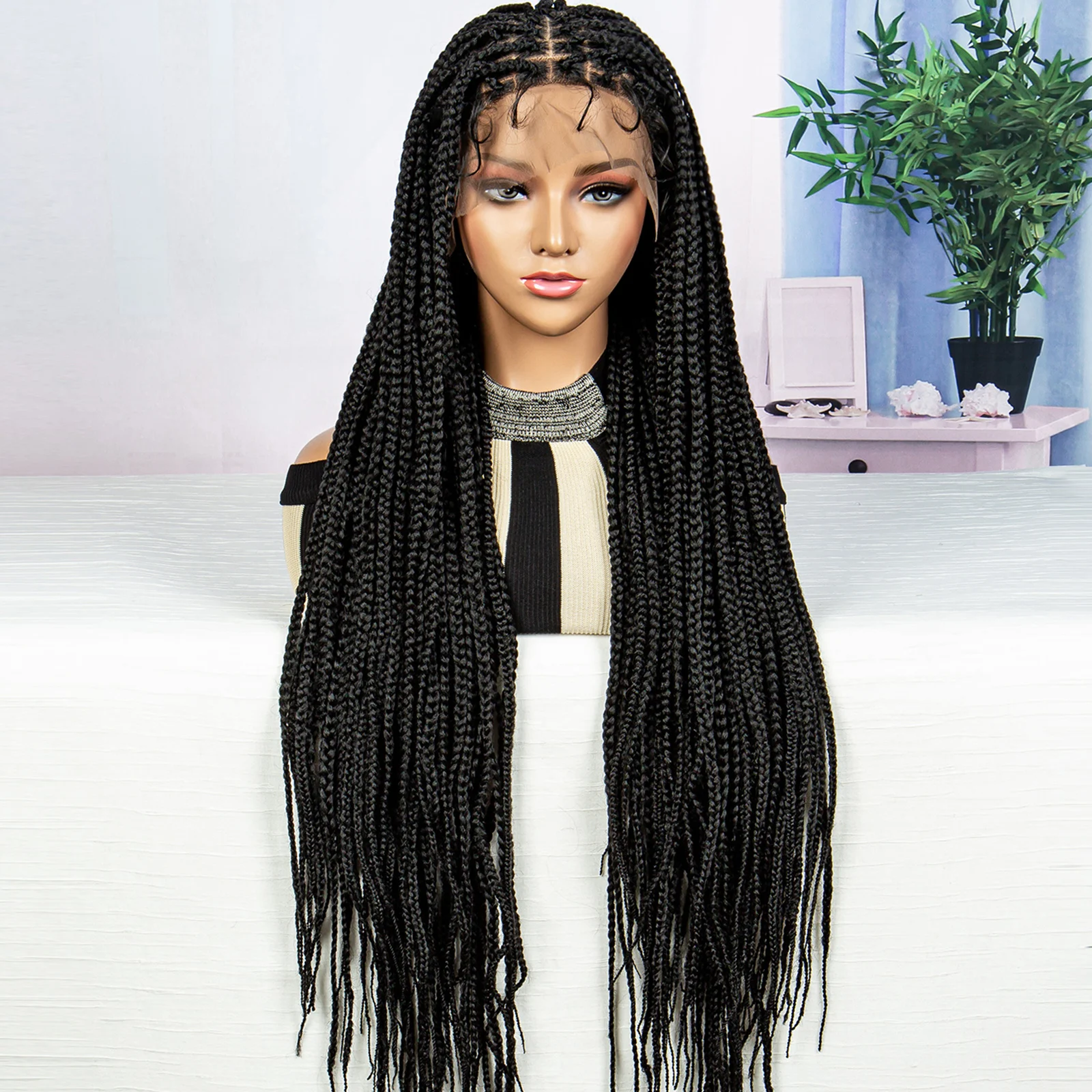 Synthetic Braided Wig Synthetic Hair Lace Front Wigs Box Braided Wigs for Black Women 36 Inches Micro Braids Wigs with Baby Hair