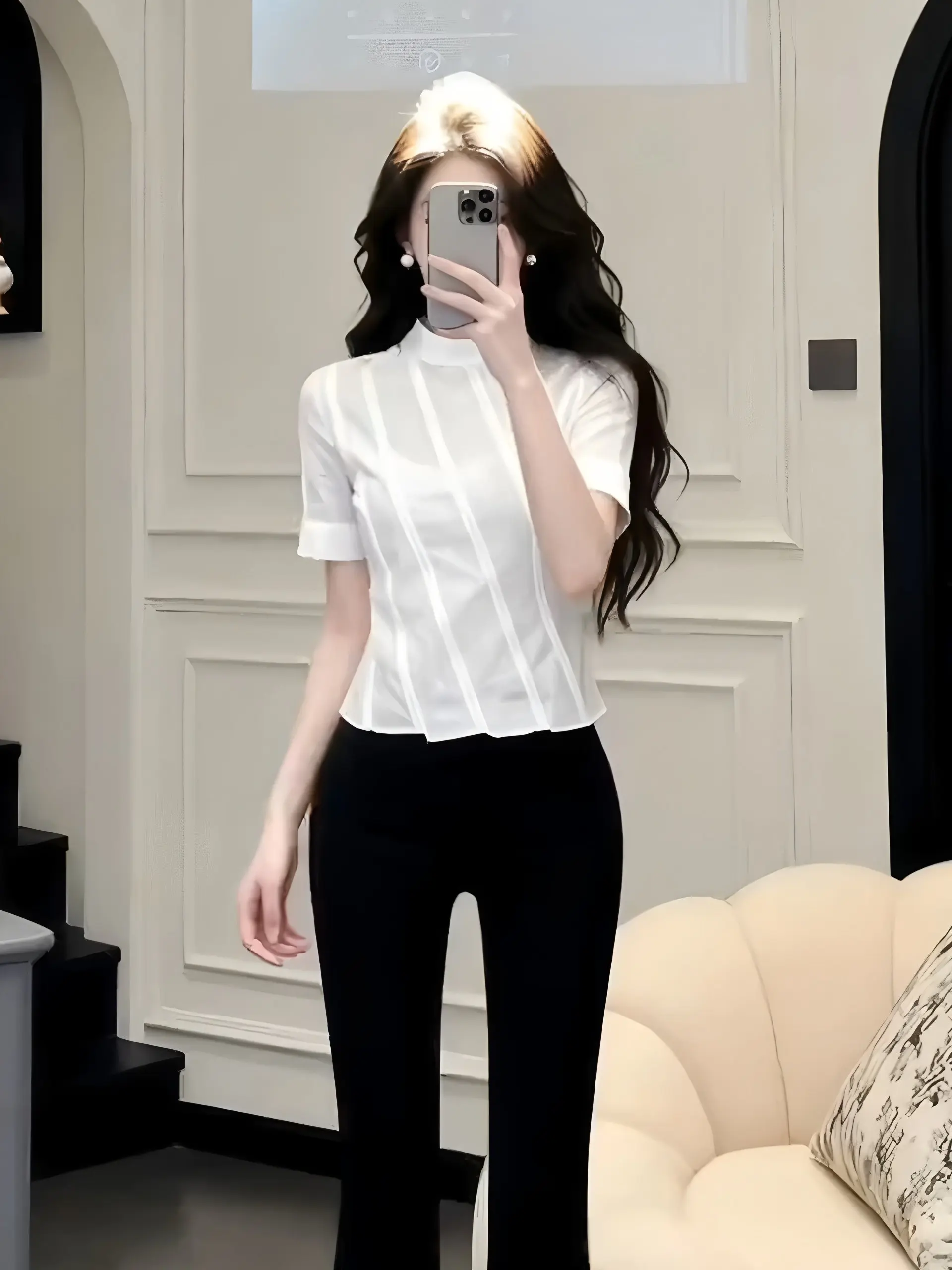 

Slim Fit Striped Short Sleeve Shirt Women's Elegant Style Semi-High Collar Slimming Waist Design Summer Fashion Top