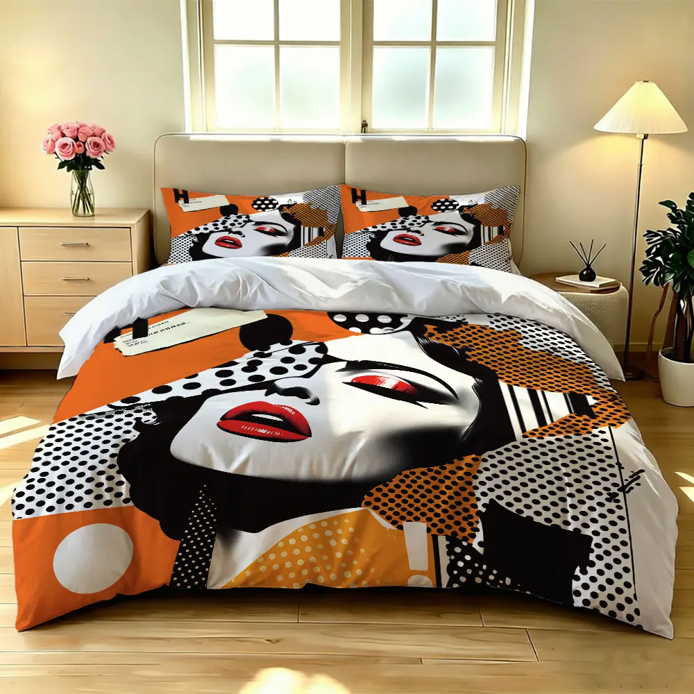 3PCS Pop Art Red Lip Lady Bedding Set without a core soft fabric machine washing and used for decoration purposes