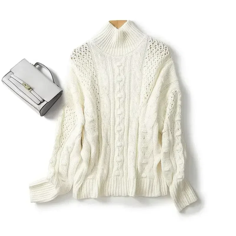 Women's Autumn 2023 Fashion Twisted Flower Hollow Leisure Knitted Sweater Retro High-necked Long-sleeved Pullover Chic Top