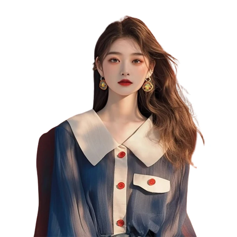 เสื้อชีฟองแขนยาวทรงโคมไฟสไตล์เรโทรสำหรับผู้หญิง เสื้อทำงานลำลองทรงโอเวอร์ไซส์