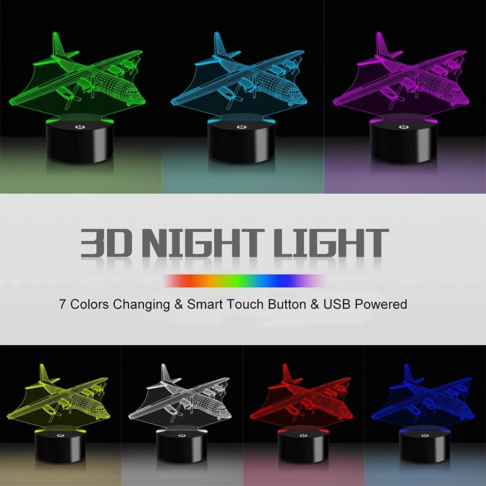 Aircraft Warplane Model 3D Night Light Touch Jet Plane Desk Lamp LED Illusion Lamp Cool Toy Creative Gift for Kids Boys