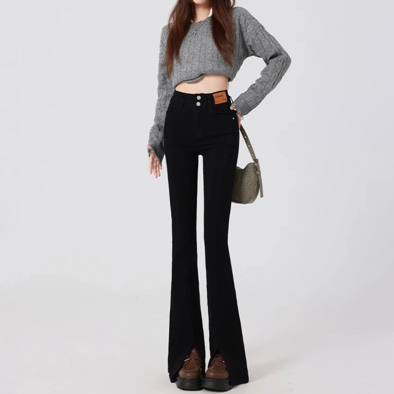 Retro open micro-ram jeans female spring and fall new elastic Slim high-waisted thin versatile flare horseshoe pants