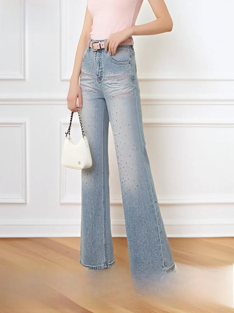 

High Waist Shiny Rhinestone Denim Jeans Women's Summer Vintage Faded Drapey Slimming Wide Leg Pants Cotton Blend Zipper Closure