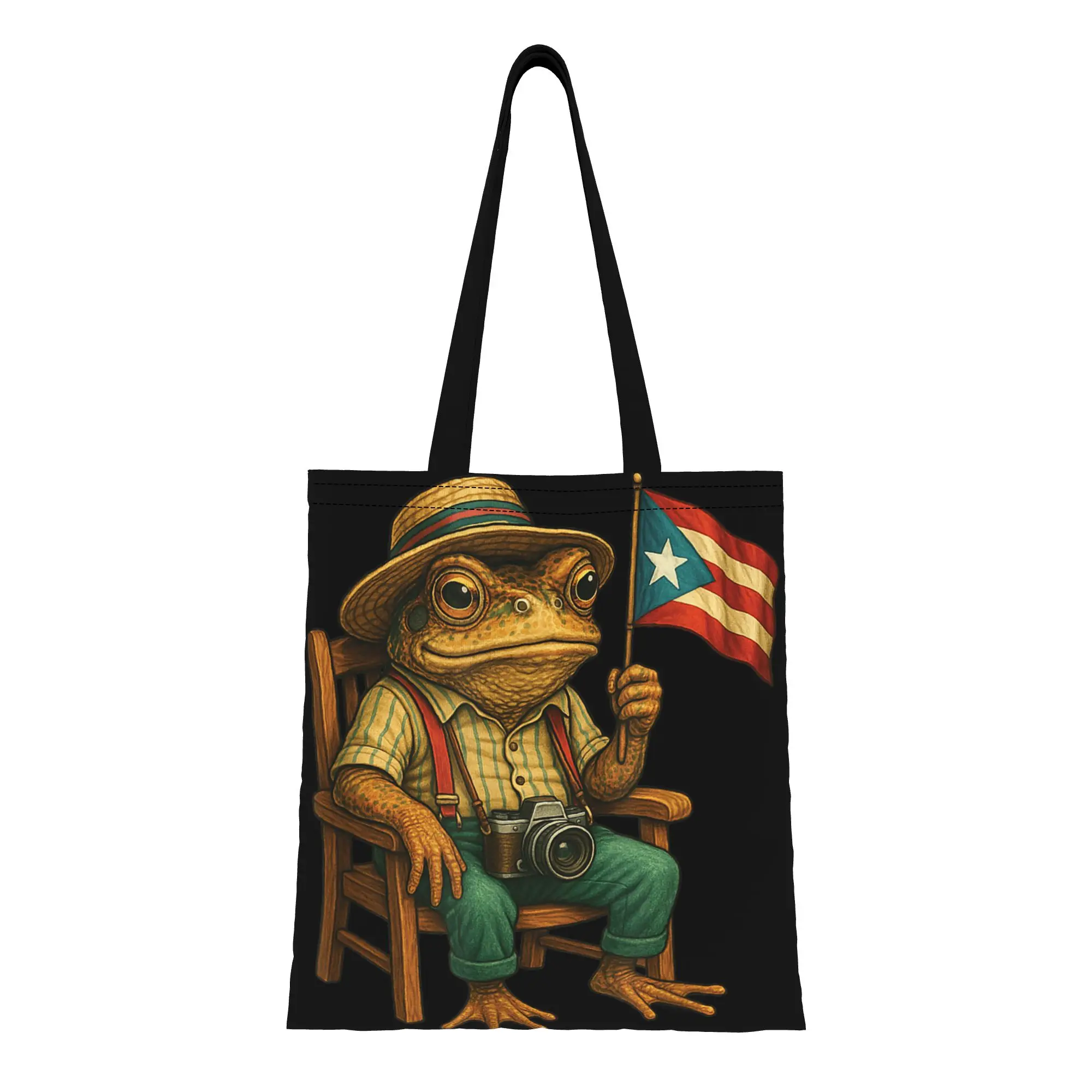 

1PC Large Capacity Coqui Frog Puerto Rico Flag Canvas Tote Bag Foldable Chic Pattern No Closed Design