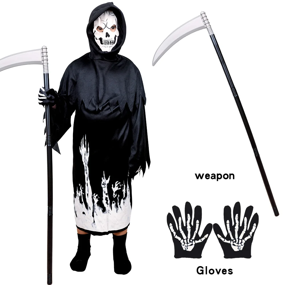 مجموعة ريبر مضيئة للأطفال - طباعة جمجمة رداء مضيء مع منجل وقفازات، حفلة الهالوين،