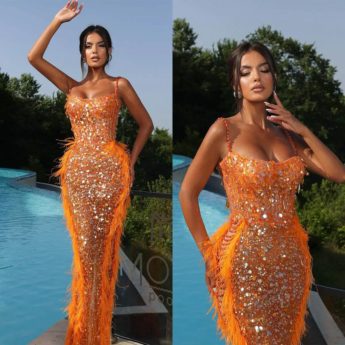 

Luxury Mermaid Evening Dress Feather Beading Spaghetti Strap Sleeveless Prom Gowns Beaded Sequins Formal Dresses Custom Made