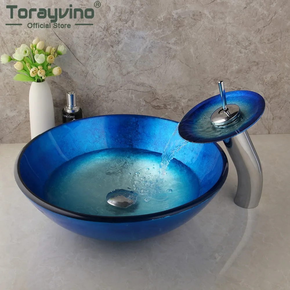 Torayvino Bathroom Sinks Faucet Set Glass Sink Bowl Round Vanity Basin Hand Painted Lavatory Brass Tap w/ Pop-up Drain Combo Kit