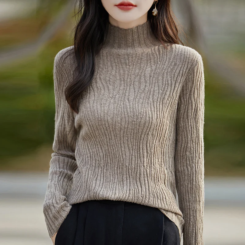 Turtleneck Sweater Women Long Sleeve Top Knit Fashion Elegent New Striped Slim Female Knitwear Autumn Winter Mock Neck Pullover