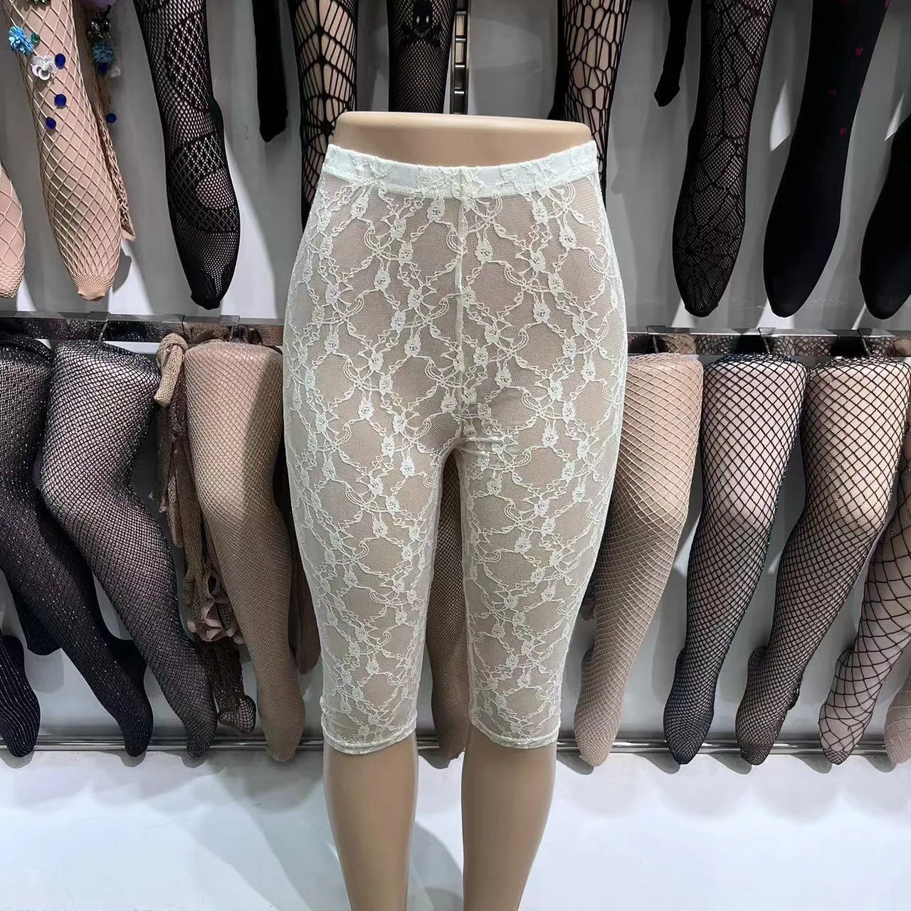 Korean-style ultra-thin lace knee-length leggings, slim-fit, high-elasticity, suitable for outerwear, plus-size safety pants