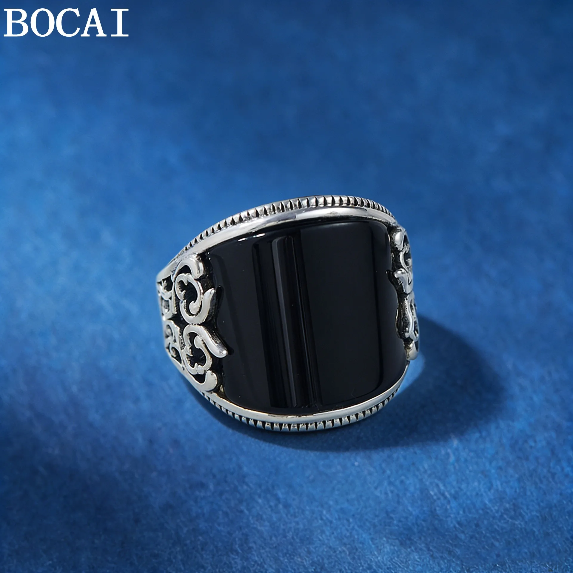 BOCAI S925 Silver Exaggerated And Grand Set With Black Agate Tang Grass Pattern Ring A Selected Gift For Men And Women