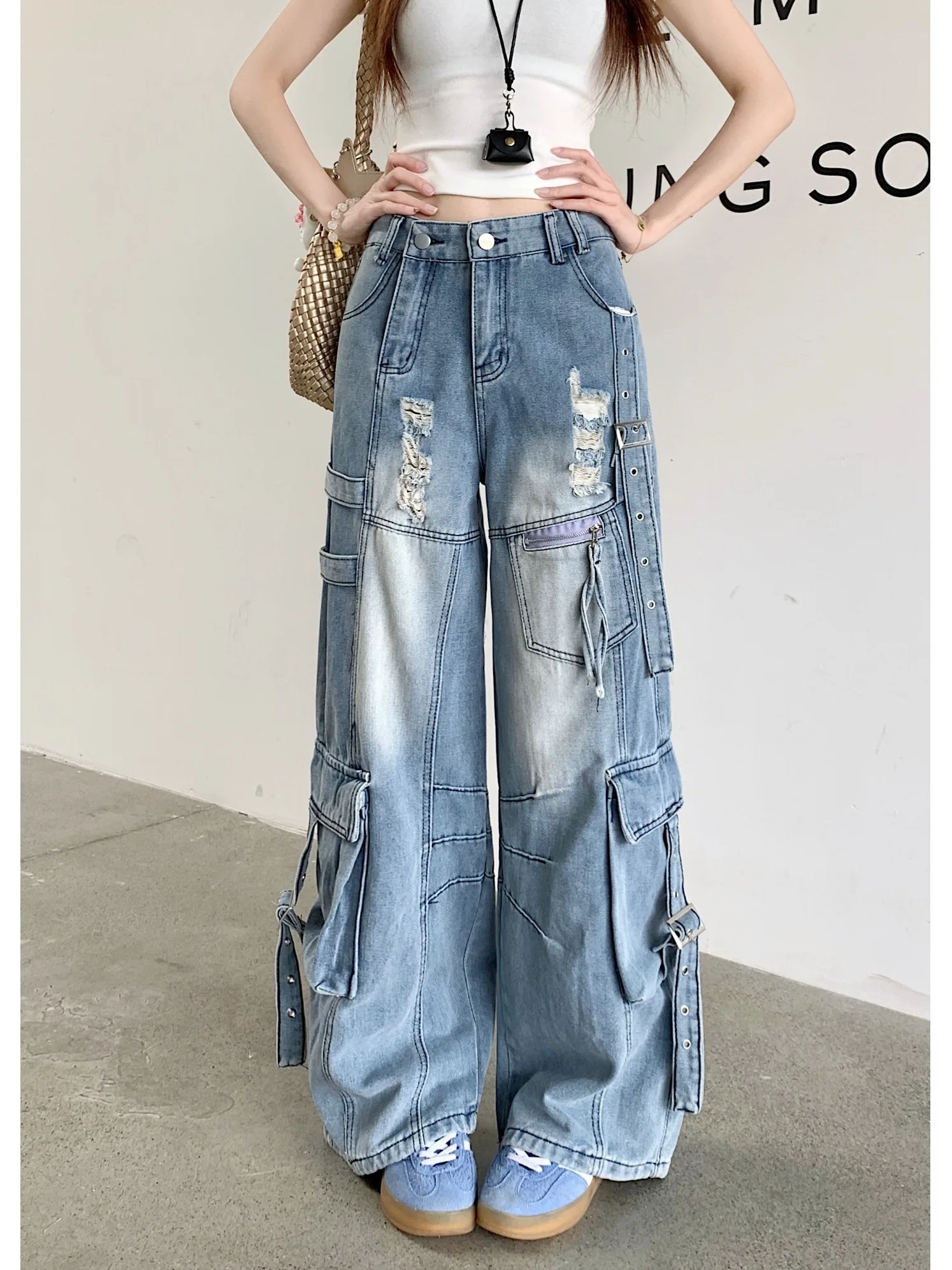 

American Style Heavy Duty Washed Denim High Waist Wide Leg Pants Women's Spring 2026 New Design Pocket Floor Length Jeans