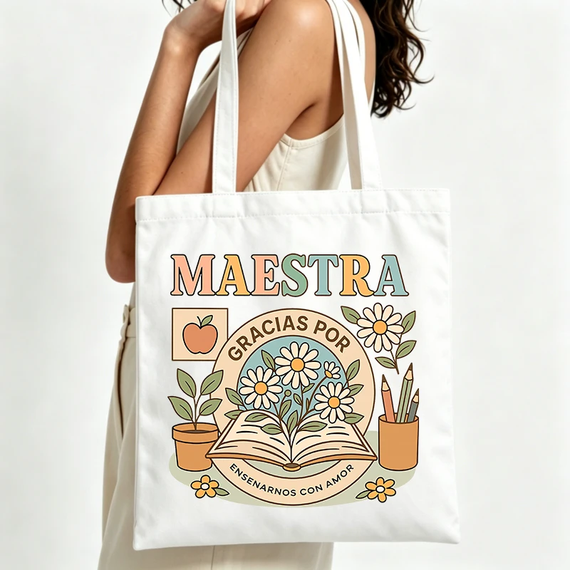 

floral and book graphic canvas tote bag with letter print, vintage style for daily shopping and casual outings