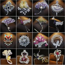 Luxury Design Crystal Flower Basket Snowflake Brooches for Women Fashion Maple Leaf Animal Corsage Coat Suit Accessories Pins