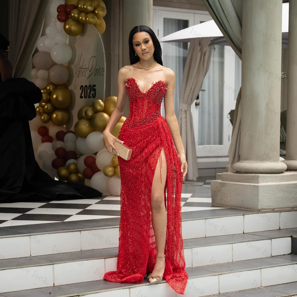 

Red Formal Dress Shiny Sequined Deep V-Neck Evening Gown Tassel Bead-Embellished Fringe and Side Split Prom Dresses Customized